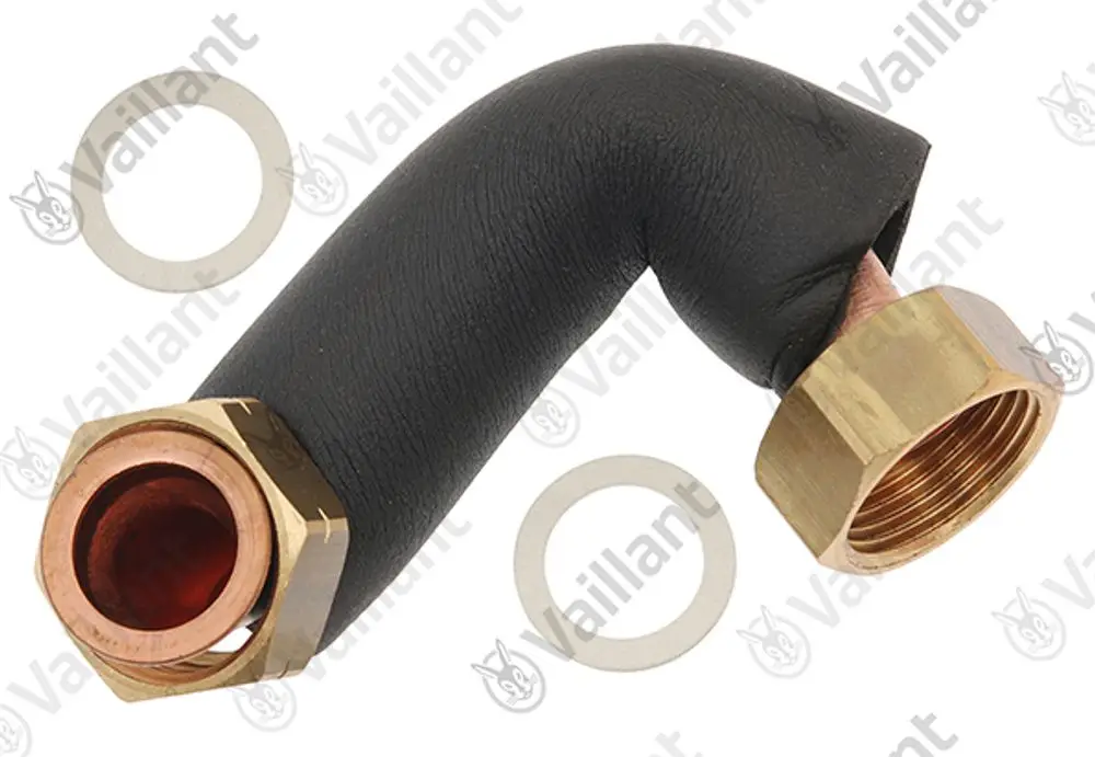 Vaillant Rohr mit einer gebogenen Form und zwei Anschlüssen, umgeben von Dichtungsringen. Ideal für Installationen in Heizungs- oder Kühlsystemen.